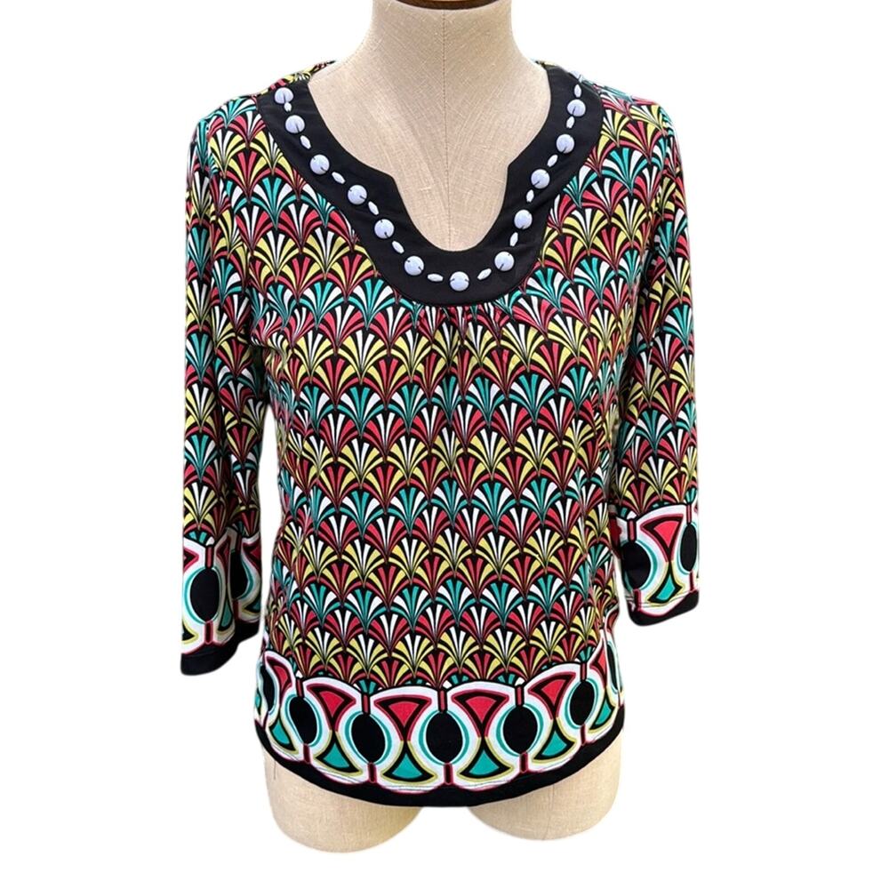 R.Q.T Petite Beaded Embellishments Geometric Patterned Blouse Women's Small